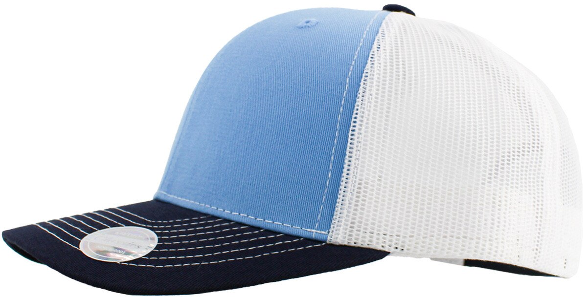 Sky Blue Navy Blue White Classic 6 Panel Trucker Mesh Snapback Side View